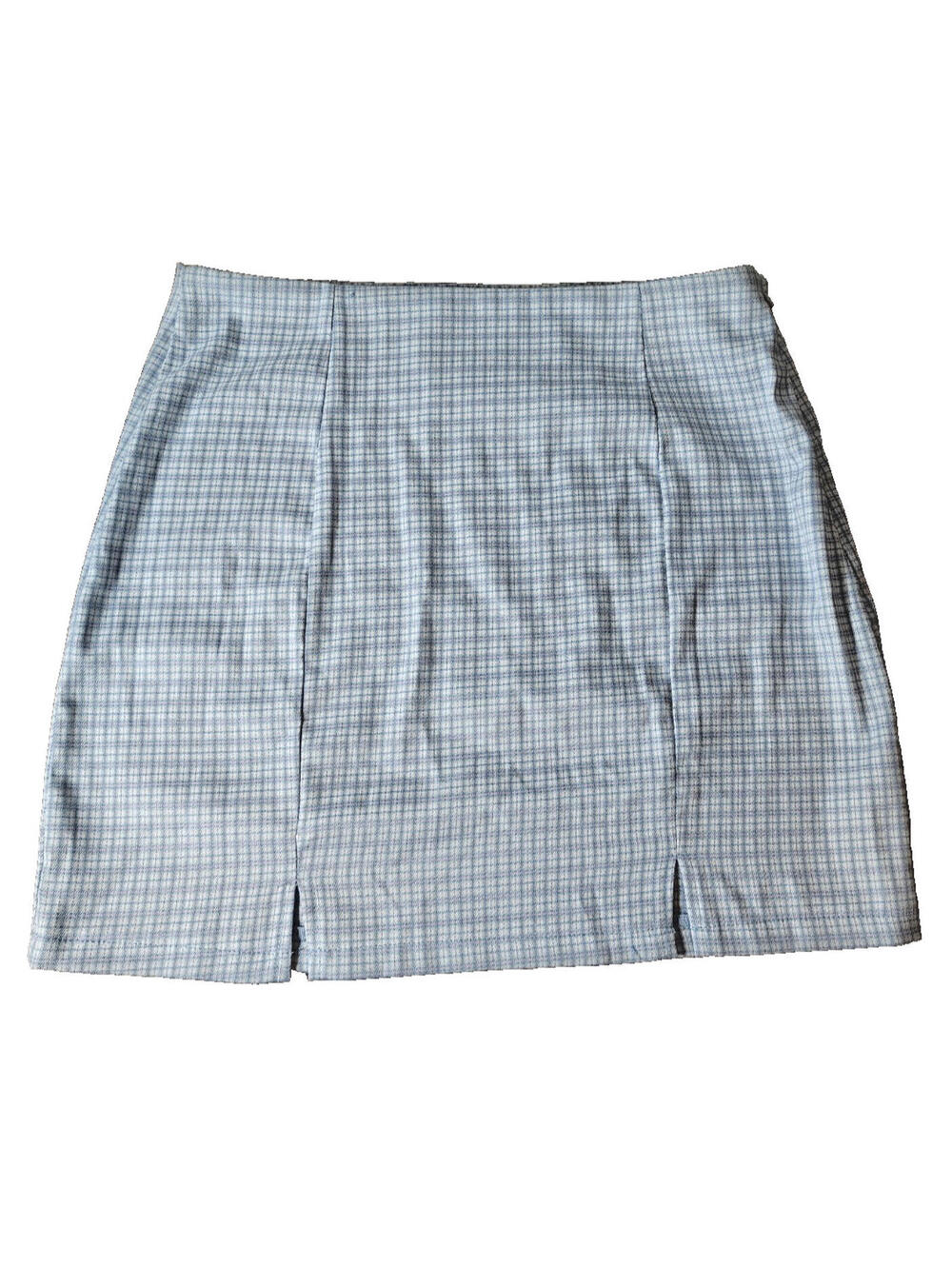 Hesperus Blue Pink Barbiecore plaid short skirt slits sz L Clue Less Theme